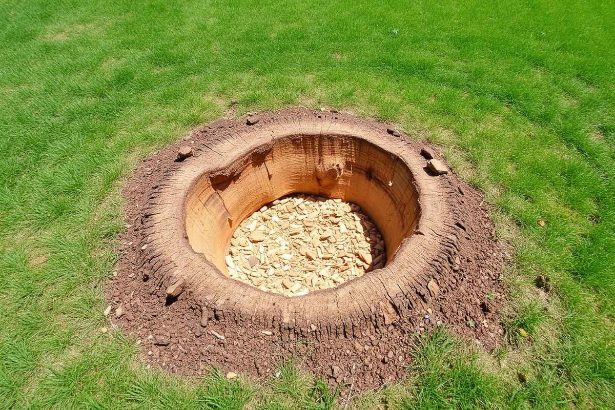 Stump ground below grade with chips raked back into the hole